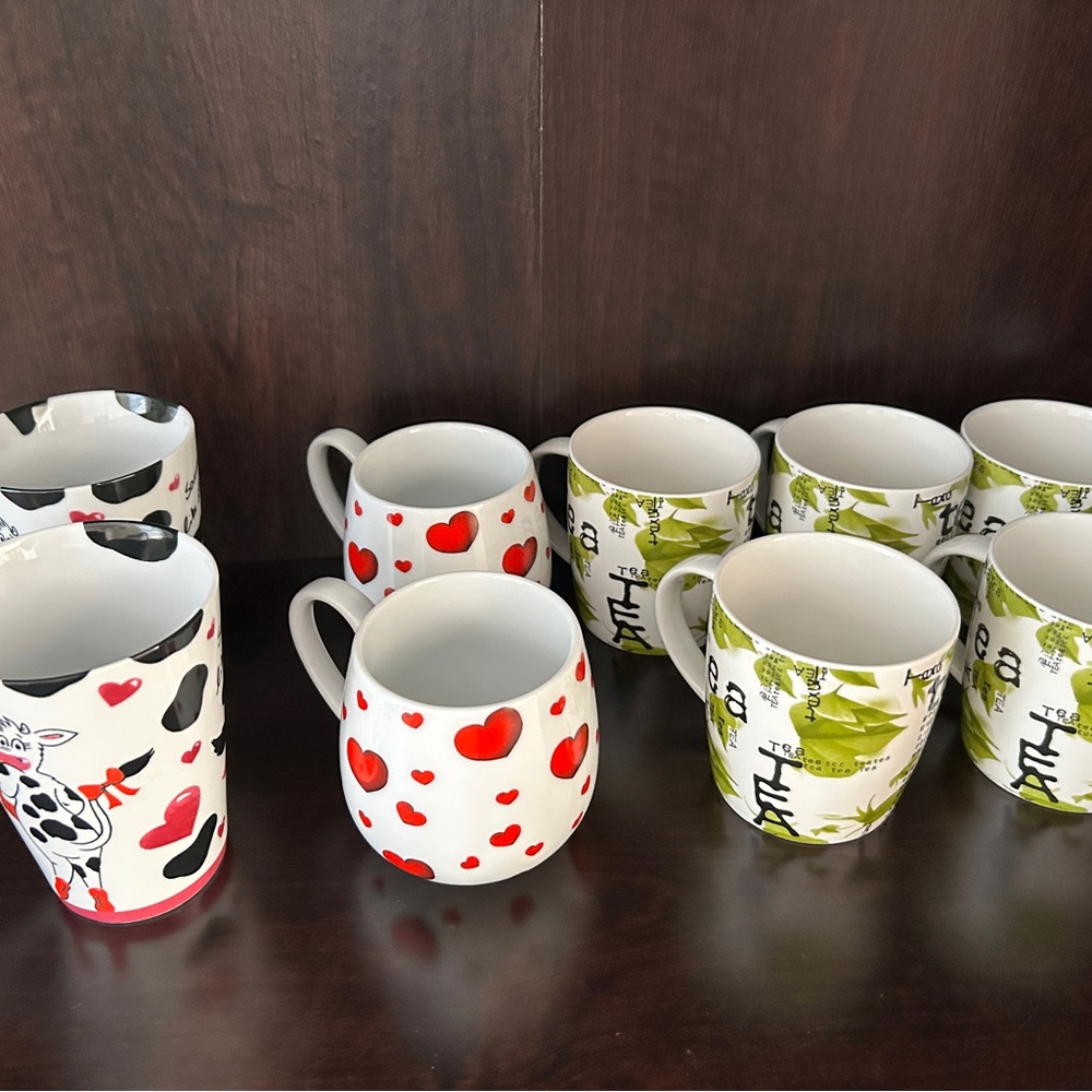 Konitz Tea, Milk, Coffee Mugs, Set of 9, 3 different designs